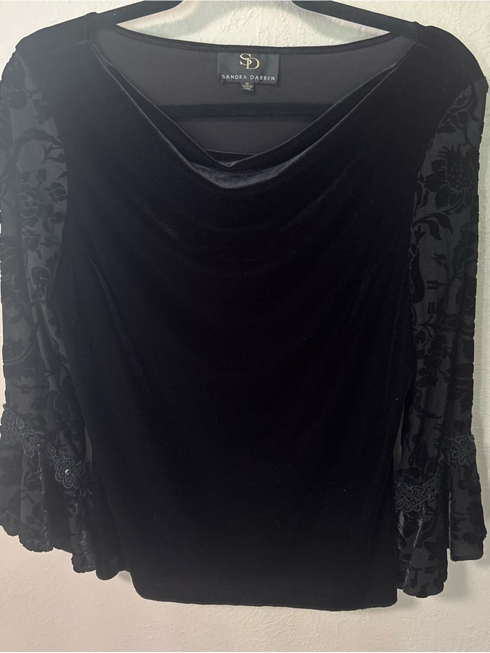 Sandra Darren Black Velvet Cowl Neck Top with Sheer Patterned Lace Sleeves
